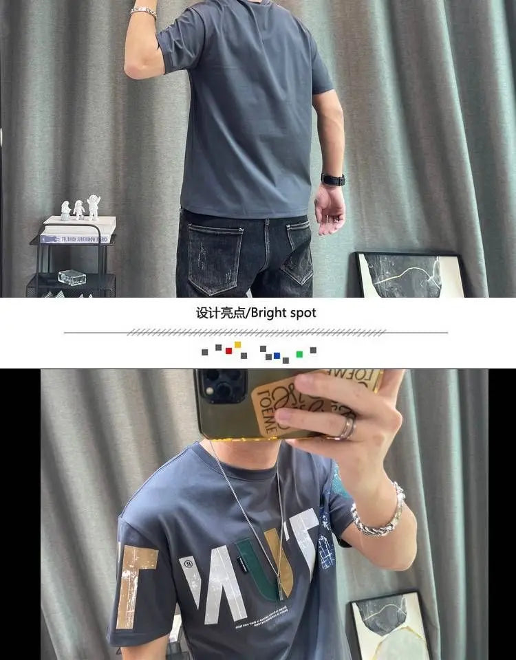 2023 Summer New Fashion Street Letter Printing T-Shirts Man Korean Style Round Neck Short Sleeve Loose Casual Cotton Pullovers