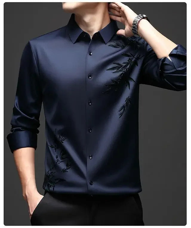 Autumn Winter Plus Fleece Men Shirts Printing Anti-Wrinkle Thermal Turn-down Collar Long Sleeve Banquet Single-breasted Tops