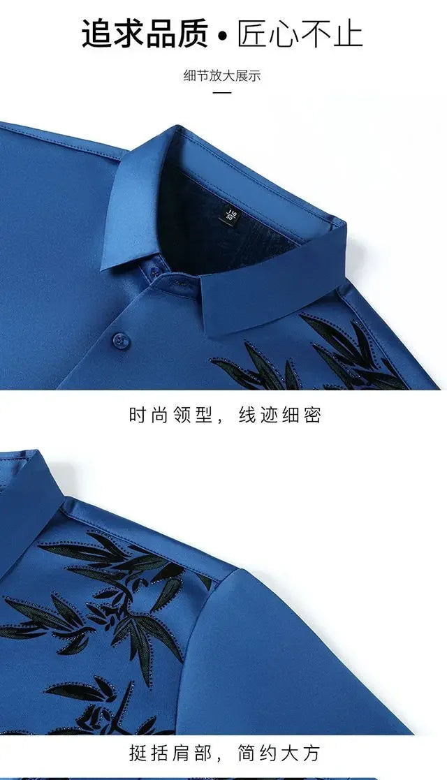 Autumn Winter Plus Fleece Men Shirts Printing Anti-Wrinkle Thermal Turn-down Collar Long Sleeve Banquet Single-breasted Tops