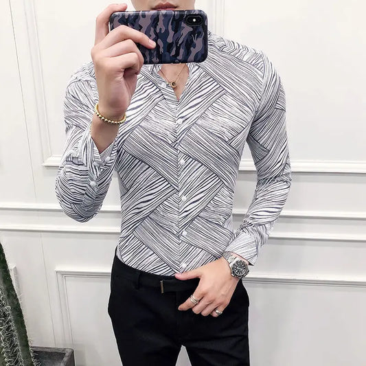 Men Clothing Korean Fashion Print Business Casual Button Down Shirt Spring Autumn Lapel Long Sleeve Slim Tops Camisas De Hombre