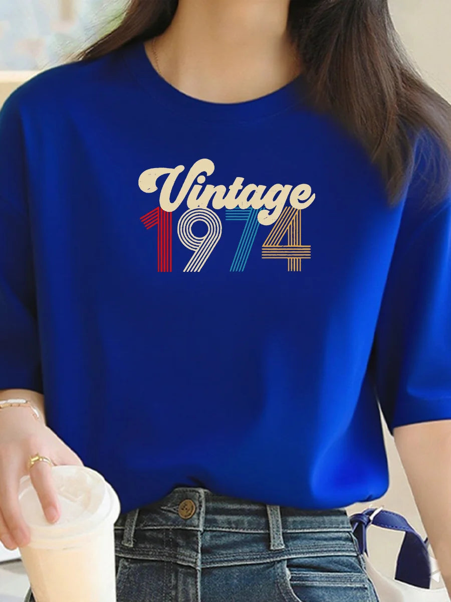 Letter 1974 Print T-Shirt for Women - Summer Comfort Top - Outdoor Short Sleeve - Fashionable Women's Clothing