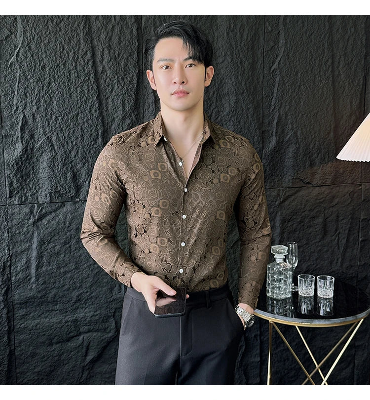 Camisas De Hombre Men Fashion Long Sleeve Jacquard Shirt High Quality Luxury Business Slimming Social Elegant Dress Casual Shirt