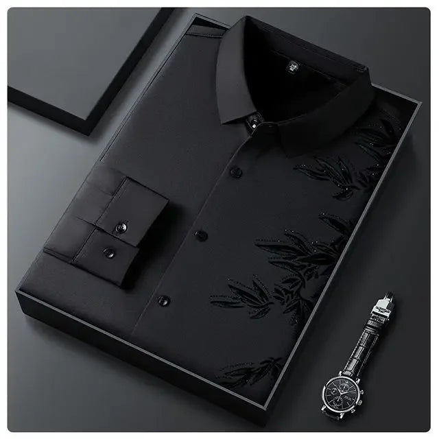 Autumn Winter Plus Fleece Men Shirts Printing Anti-Wrinkle Thermal Turn-down Collar Long Sleeve Banquet Single-breasted Tops