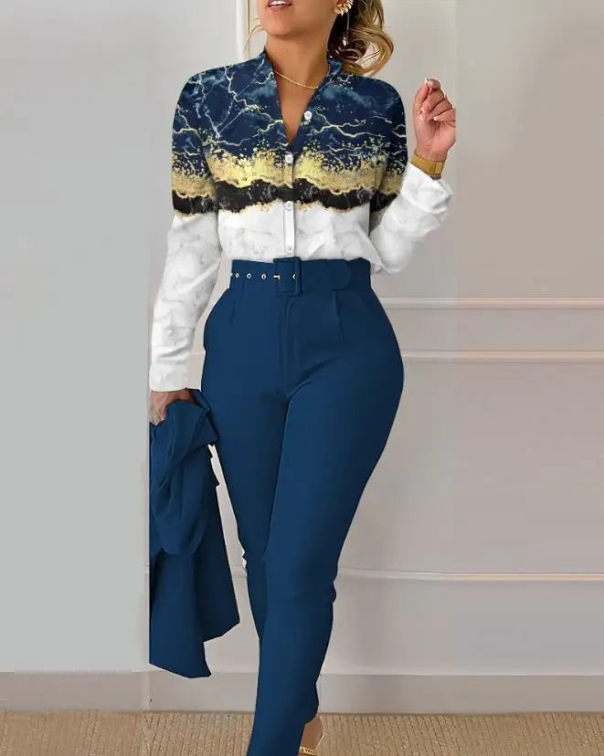 Women's Pant Set 2023 Summer Fashion Geometric Print Ruffle Sleeve Top and Pants Set with Belt Elegant Office Suit