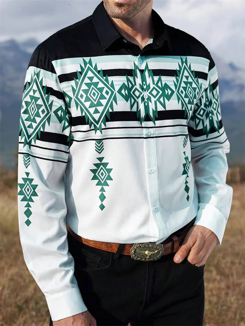 2025 men's shirt business button shirt summer long sleeved lapel vacation shirt fashionable temperament casual top