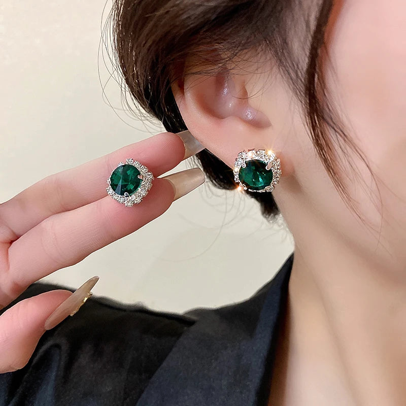 DREJEW Inlaid Green Crystal Necklaces Stud Earrings Jewelry Set For Women Luxury Necklace and Earring with Rhinestones For Party