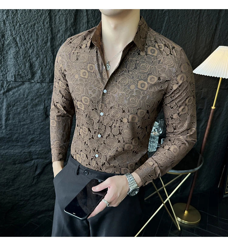 Camisas De Hombre Men Fashion Long Sleeve Jacquard Shirt High Quality Luxury Business Slimming Social Elegant Dress Casual Shirt