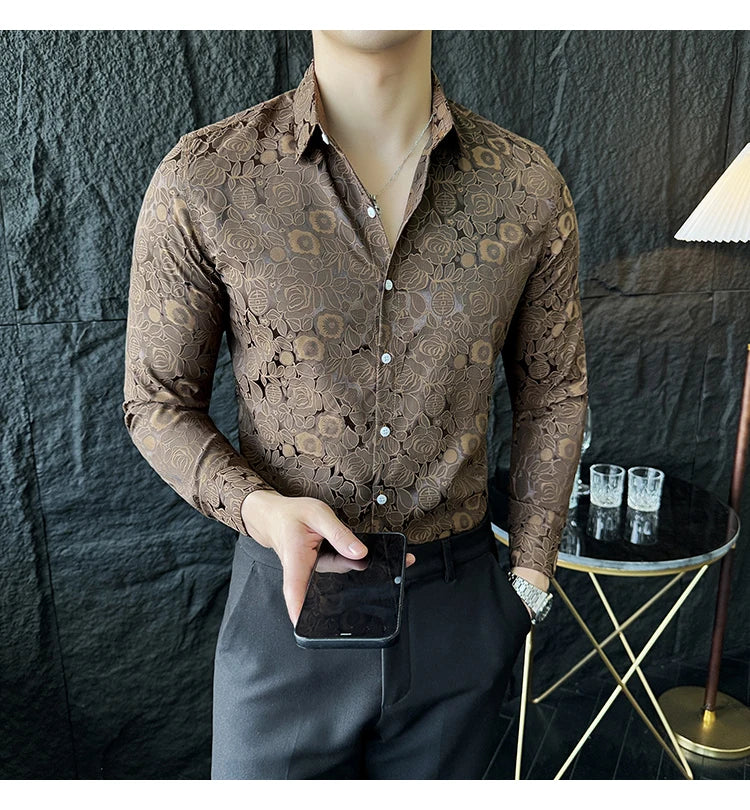 Camisas De Hombre Men Fashion Long Sleeve Jacquard Shirt High Quality Luxury Business Slimming Social Elegant Dress Casual Shirt