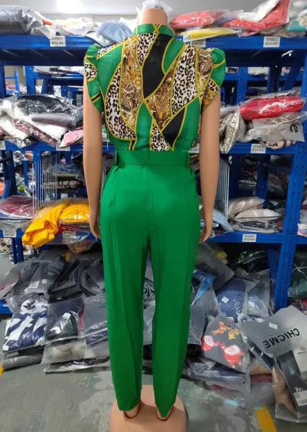 Women's Pant Set 2023 Summer Fashion Geometric Print Ruffle Sleeve Top and Pants Set with Belt Elegant Office Suit