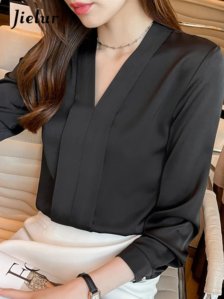 Jielur Elegant Office Lady Work White Blouse Female Fashion Basic Long Sleeve Black Shirt Women Spring Chiffon Tops V-Neck S-XXL