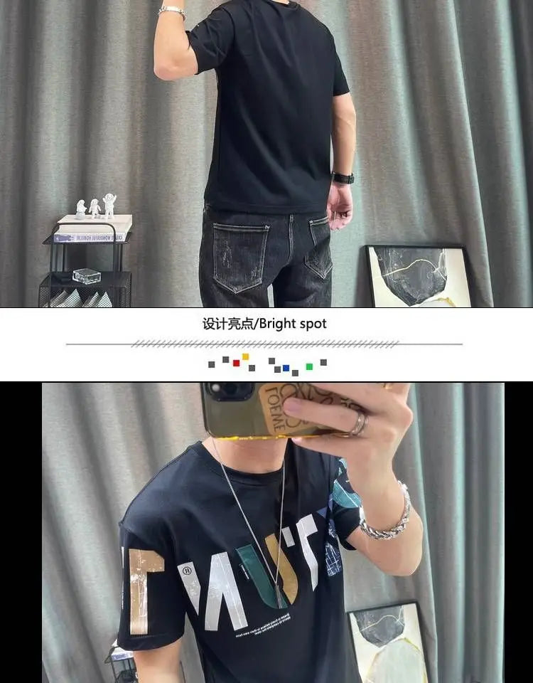 2023 Summer New Fashion Street Letter Printing T-Shirts Man Korean Style Round Neck Short Sleeve Loose Casual Cotton Pullovers