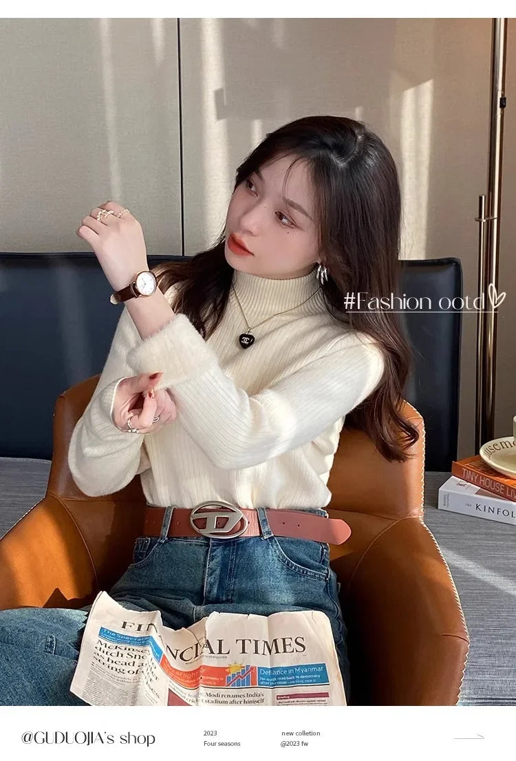 Sweater For Women Winter Thicken Turtleneck Slim Knit Pullover New Warm Plush Velvet Lined Knitwear Jumper Tops Casual Poleras