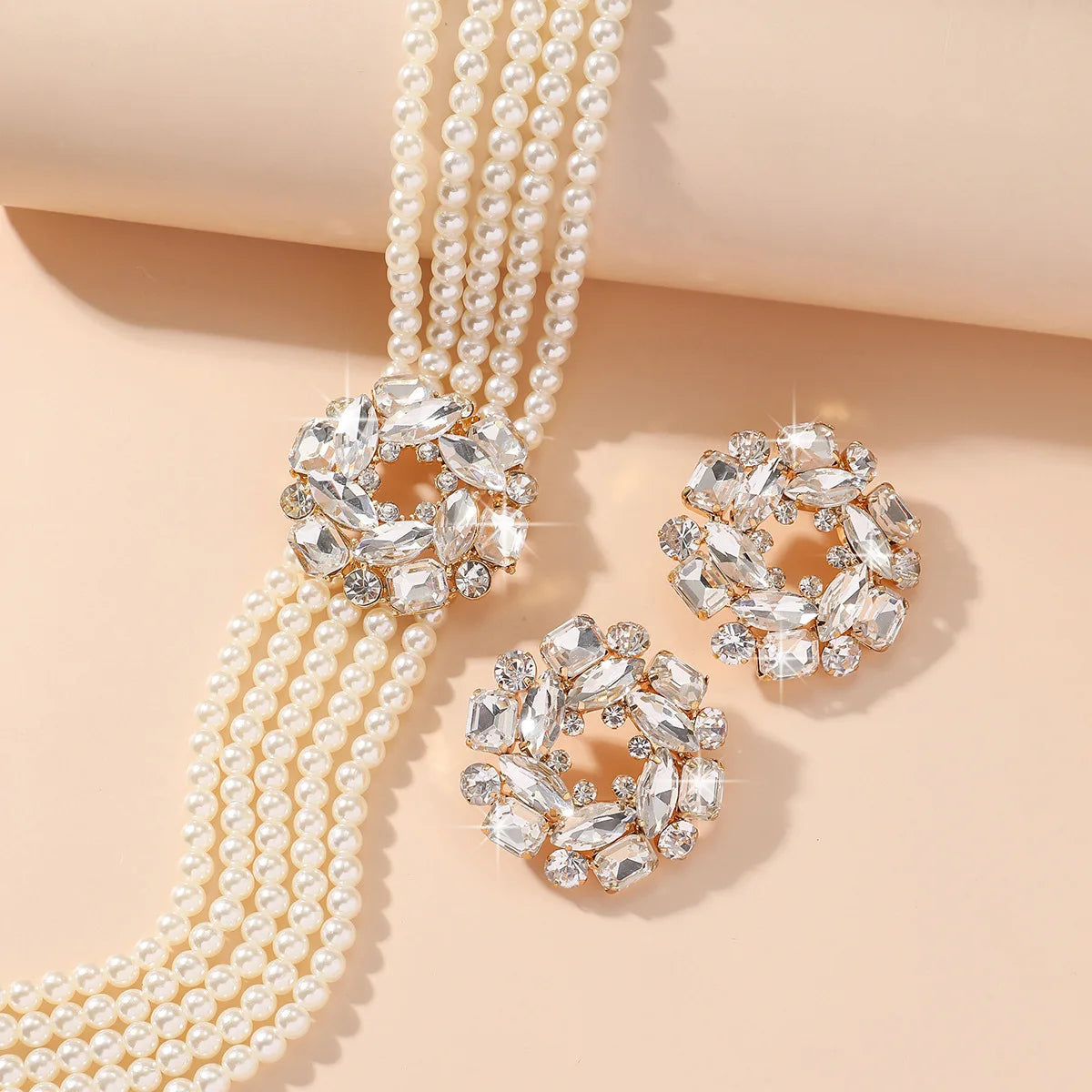 Luxury 5 Layer Pearl Necklace Set with Round Crystal Earrings Elegant Jewelry for Women Perfect for Parties Weddings Holidays