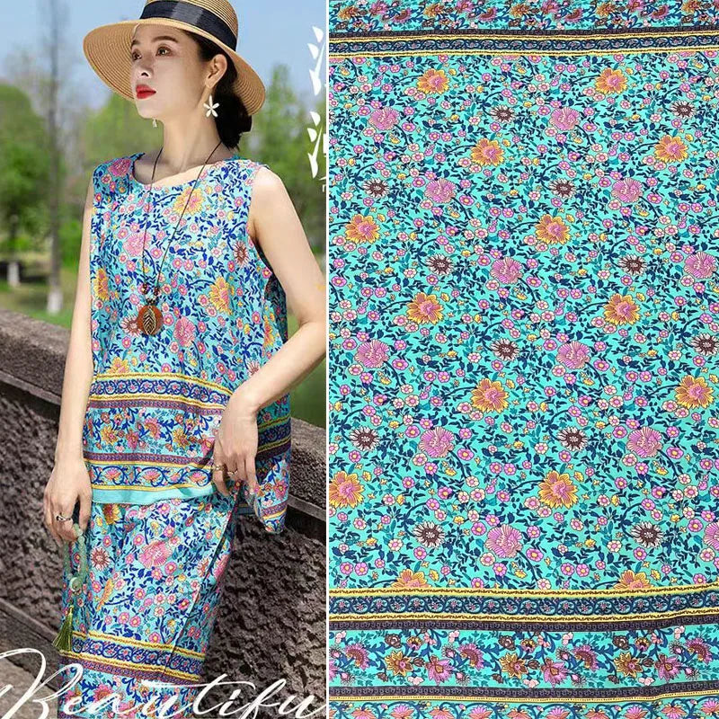 Summer Printed Rayon Fabric Soft Comfortable By The Meter for Women\'s Dress Shirts Diy Sewing Cloth Flowers Breathable Green