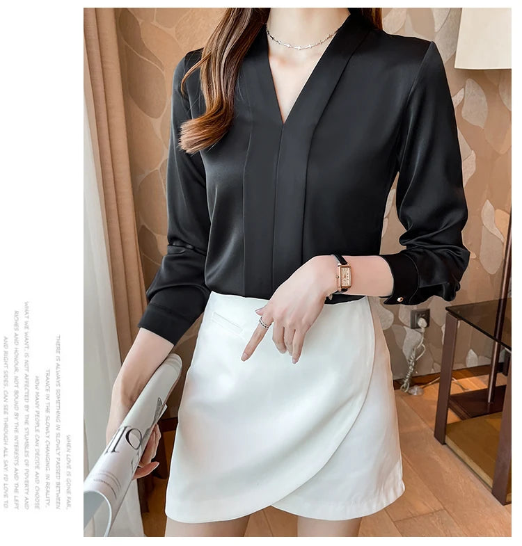 Jielur Elegant Office Lady Work White Blouse Female Fashion Basic Long Sleeve Black Shirt Women Spring Chiffon Tops V-Neck S-XXL