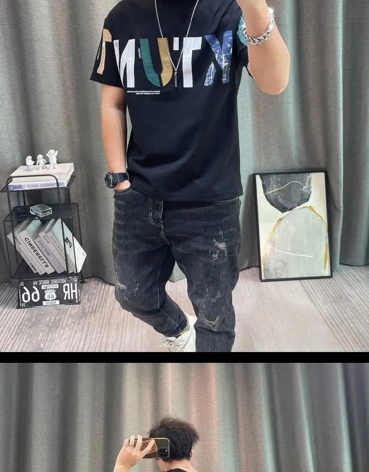 2023 Summer New Fashion Street Letter Printing T-Shirts Man Korean Style Round Neck Short Sleeve Loose Casual Cotton Pullovers