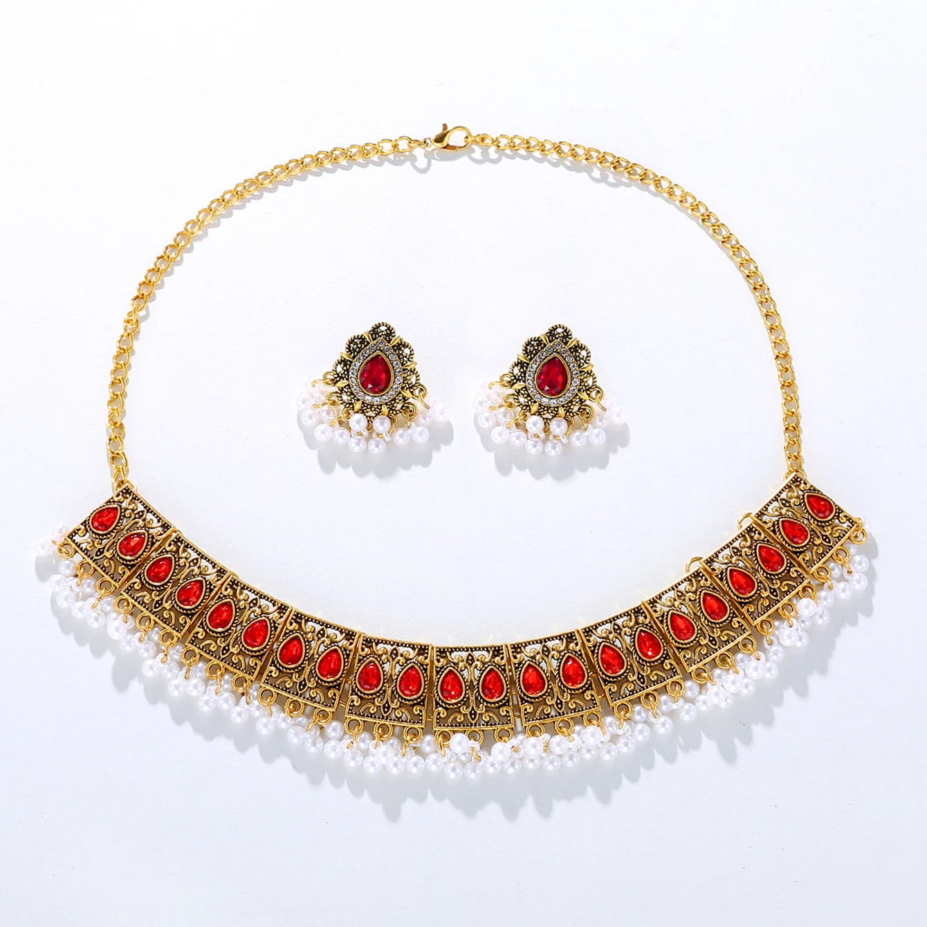 Luxury Vintage Indian Jewelry Set Antique Gold Plated Crystal Zircon Necklace Earrings Sets Ethnic Bridal Wedding Bijoux Gifts