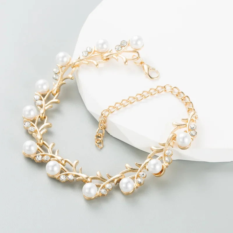 Luxury Imitation Pearl Beaded Necklace Earring Bracelet for Women Exquisite Wedding Bride Crystal Jewelry Sets Party Accesories