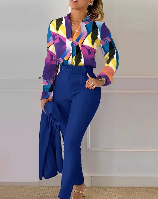 Women's Pant Set 2023 Summer Fashion Geometric Print Ruffle Sleeve Top and Pants Set with Belt Elegant Office Suit