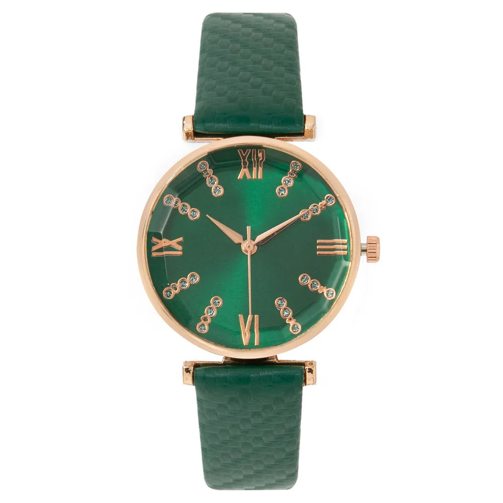 Luxury Ladies Brand Diamond Roman Design Lady Watches Dress Quartz Watch Fashion Green Leather Strap Women Wristwatches