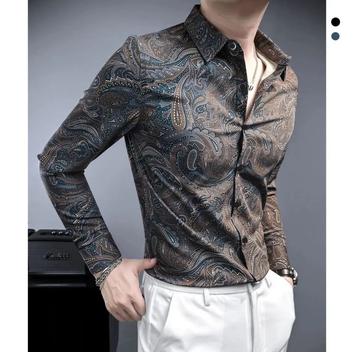 New Spring Summer Men Premium Print Casual Slim Fit Long Sleeve Shirt