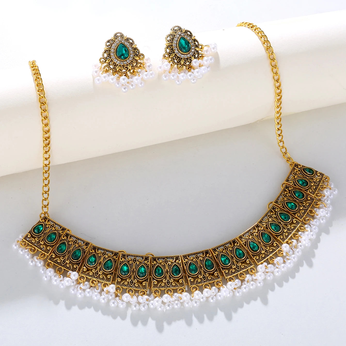 Luxury Vintage Indian Jewelry Set Antique Gold Plated Crystal Zircon Necklace Earrings Sets Ethnic Bridal Wedding Bijoux Gifts