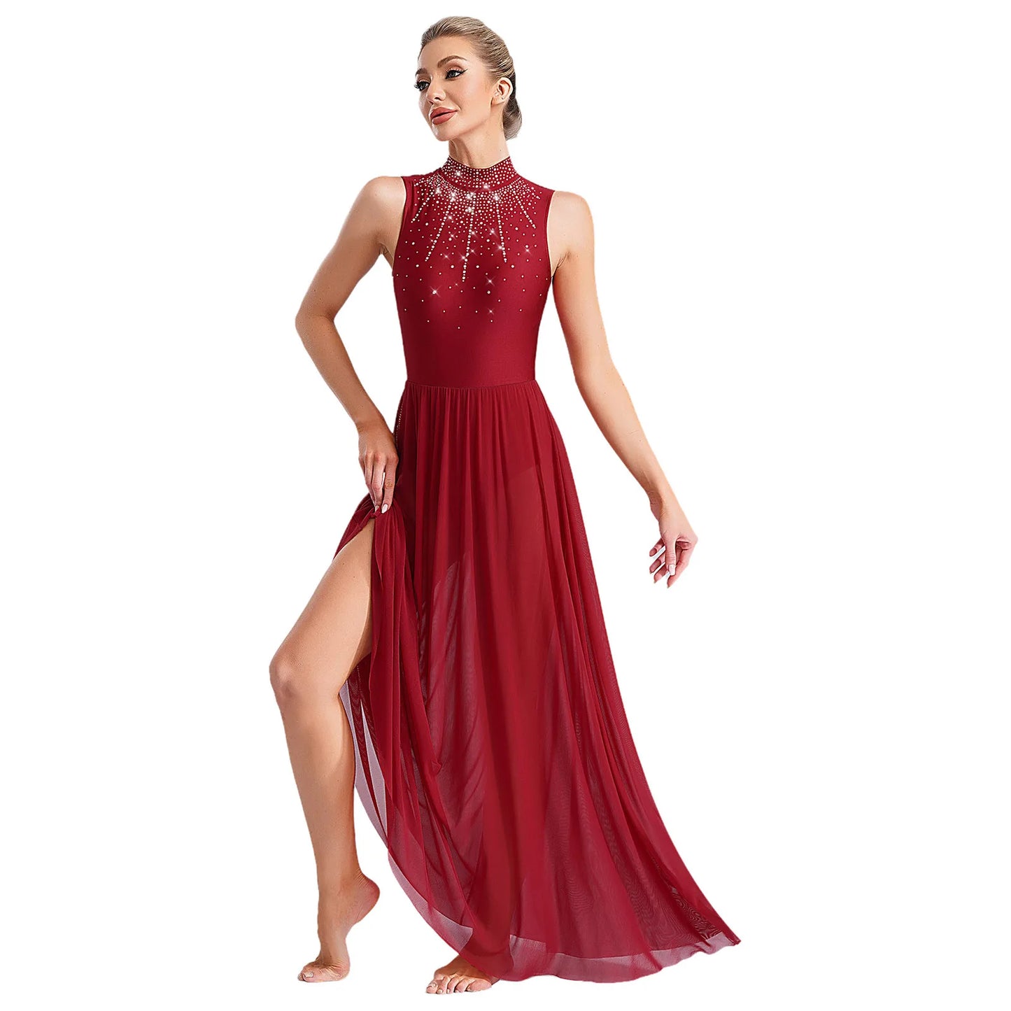 Womens Lyrical Dance Long Dress Cutout Back Full Length Overlay Leotard Costume Lady Latin Rumba Tango Maxi Dress Dancewear