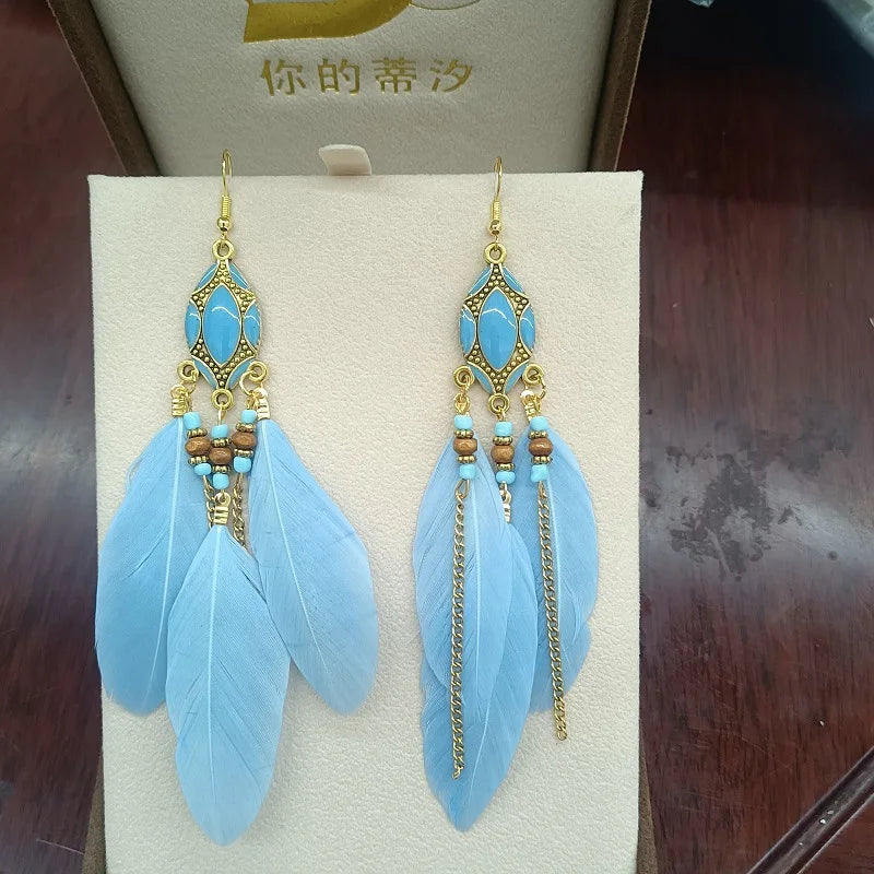 New Ethnic Long Feather Dangle Earrings For Women Bohemian Tassel Beads Handmade Enamel Earrings Girl Bride Wedding Jewelry