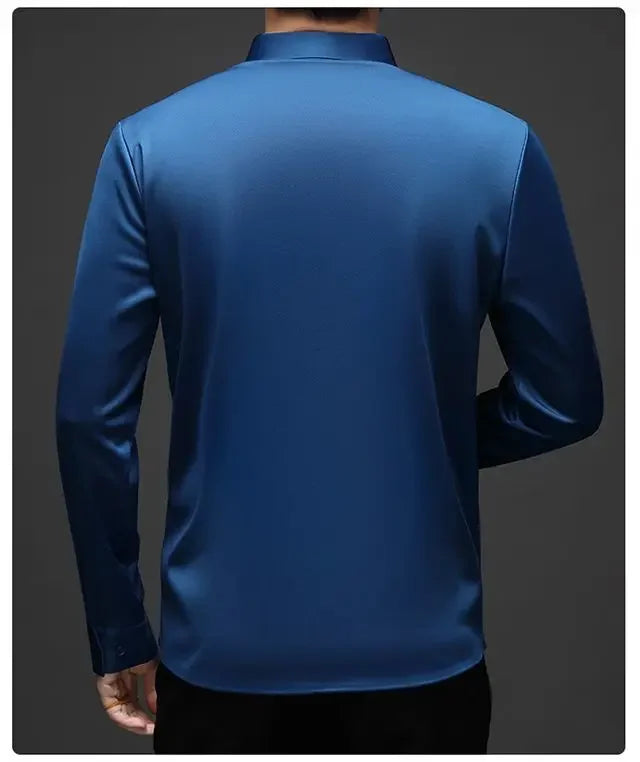 Autumn Winter Plus Fleece Men Shirts Printing Anti-Wrinkle Thermal Turn-down Collar Long Sleeve Banquet Single-breasted Tops