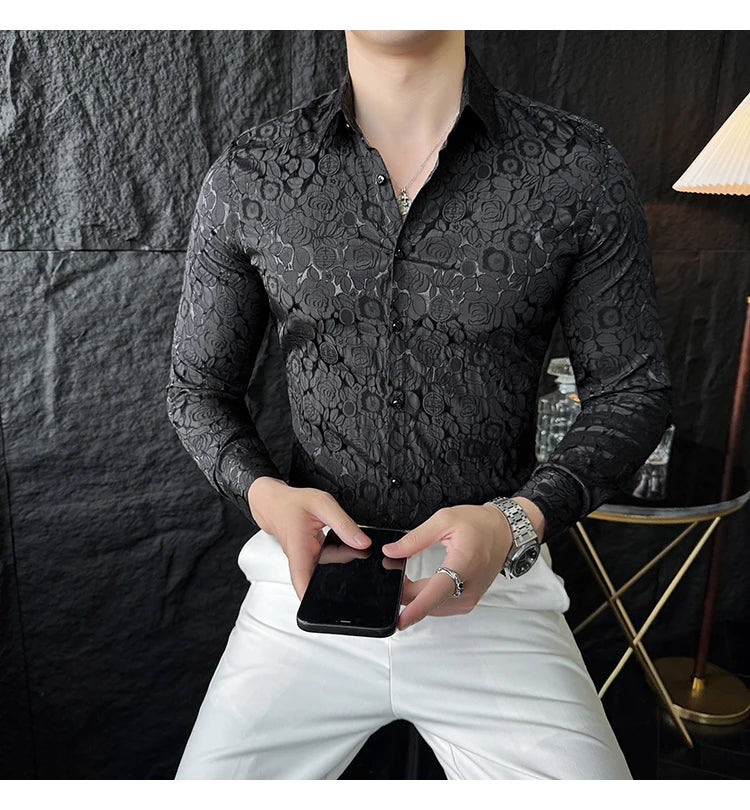 Camisas De Hombre Men Fashion Long Sleeve Jacquard Shirt High Quality Luxury Business Slimming Social Elegant Dress Casual Shirt
