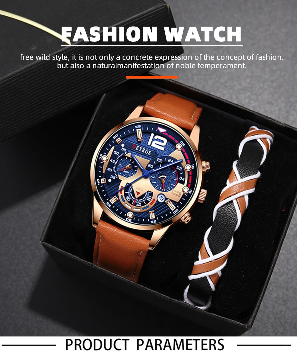 2PCS Set Fashion Mens Calendar Watches Luxury Male Business Casual Brown Leather Quartz Watch Men Bracelet Wrist Watch