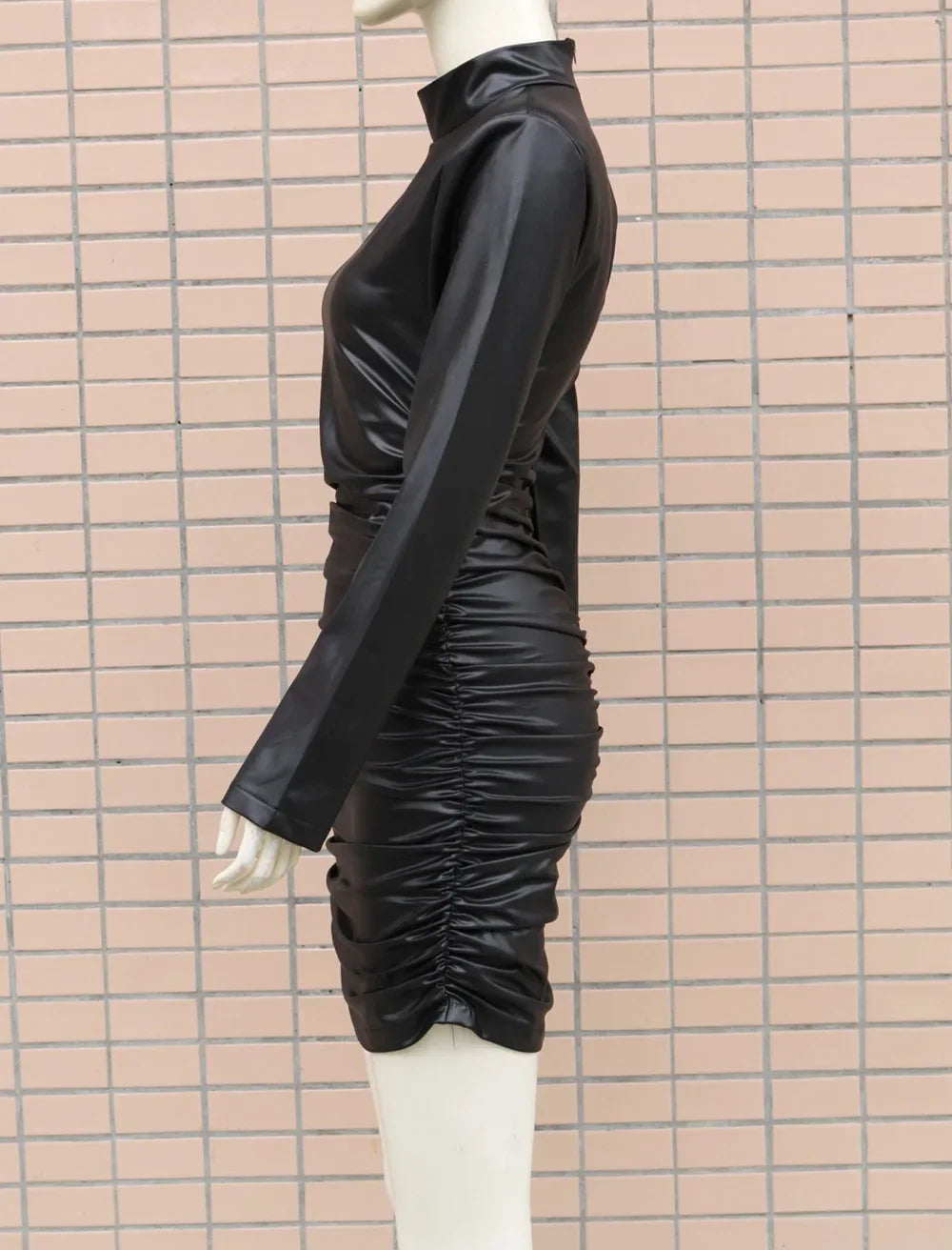 PU Leather Nightclub Sexy Dress Half High Collar Dress for Women Long Sleeve Bodycon Dress Slim-fit Hip-hugging Party Vestidos
