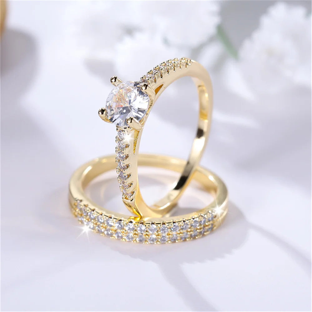 Luxury Female 2pcs Small Round White Zircon Stone Ring Set Promise Gold Color Wedding Engagement Jewelry For Women