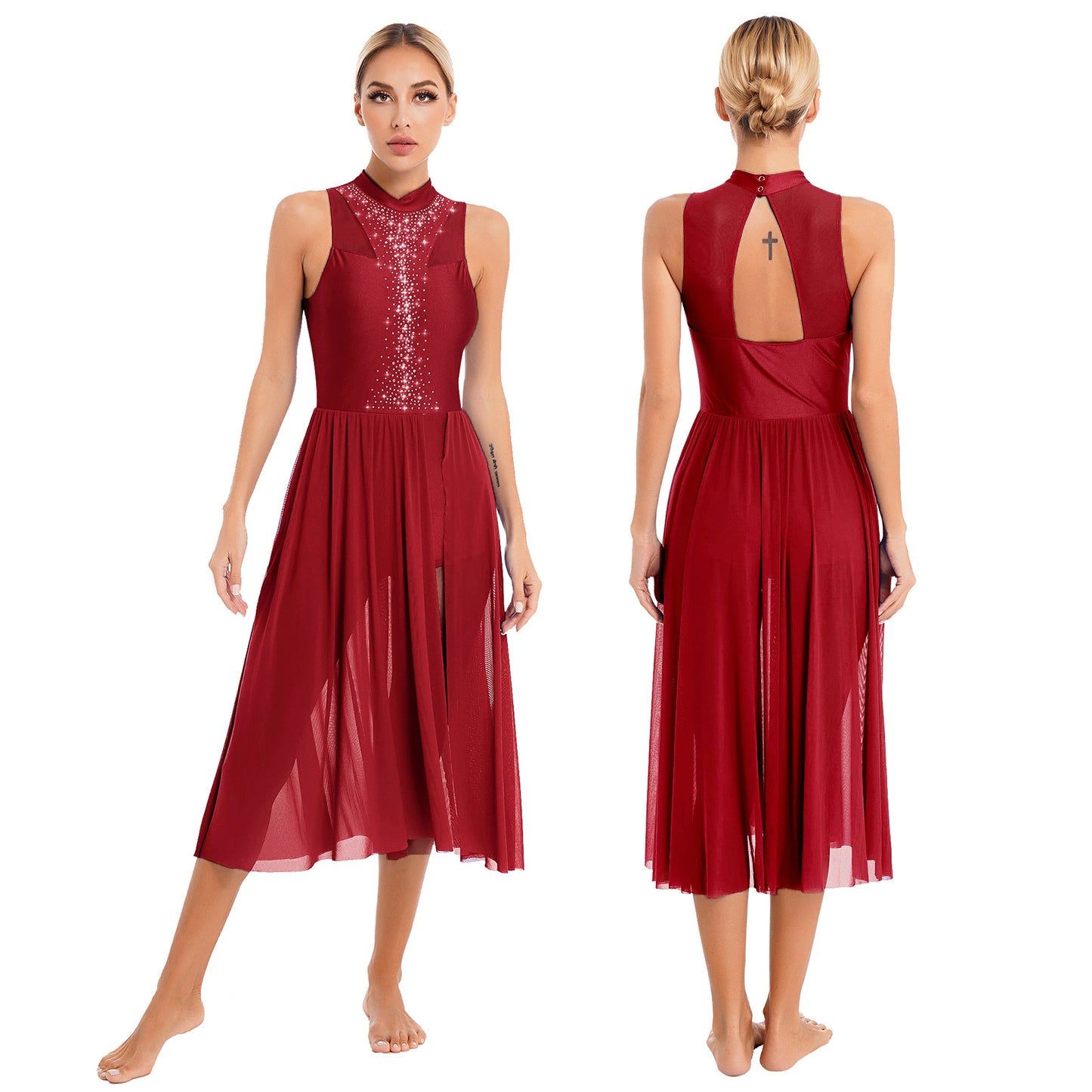 Womens Lyrical Dance Long Dress Cutout Back Full Length Overlay Leotard Costume Lady Latin Rumba Tango Maxi Dress Dancewear