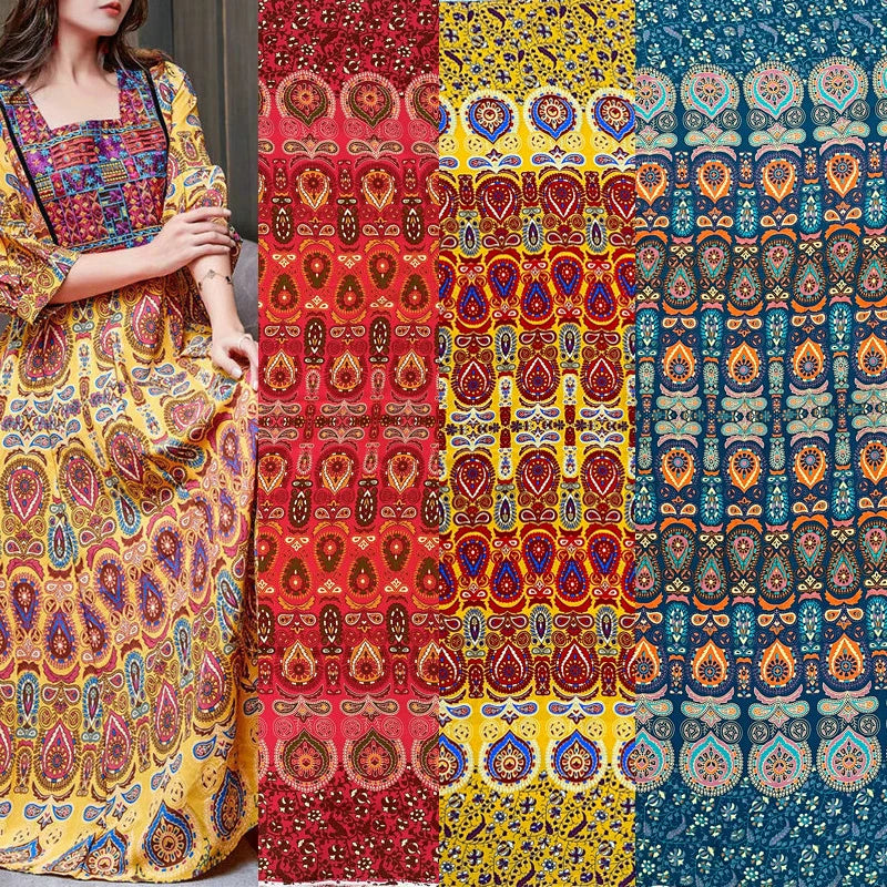 Summer Printed Rayon Fabric Soft Comfortable By The Meter for Women\'s Dress Shirts Diy Sewing Cloth Flowers Breathable Green