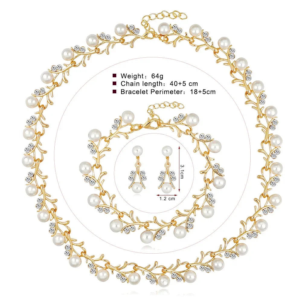 Luxury Imitation Pearl Beaded Necklace Earring Bracelet for Women Exquisite Wedding Bride Crystal Jewelry Sets Party Accesories