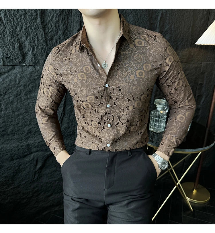 Camisas De Hombre Men Fashion Long Sleeve Jacquard Shirt High Quality Luxury Business Slimming Social Elegant Dress Casual Shirt