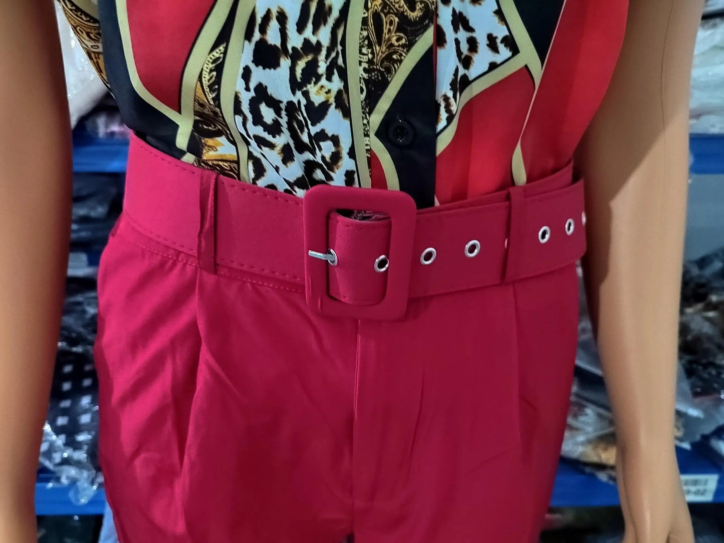 Women's Pant Set 2023 Summer Fashion Geometric Print Ruffle Sleeve Top and Pants Set with Belt Elegant Office Suit