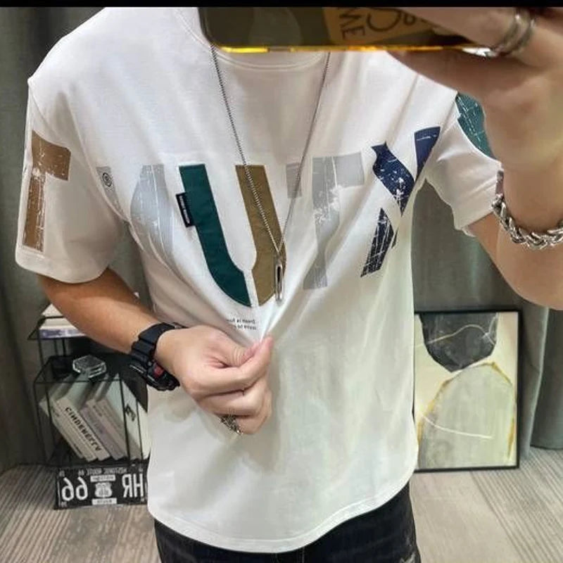 2023 Summer New Fashion Street Letter Printing T-Shirts Man Korean Style Round Neck Short Sleeve Loose Casual Cotton Pullovers