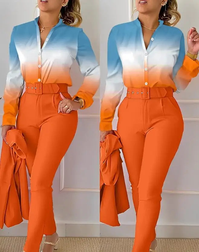 Women's Pant Set 2023 Summer Fashion Geometric Print Ruffle Sleeve Top and Pants Set with Belt Elegant Office Suit