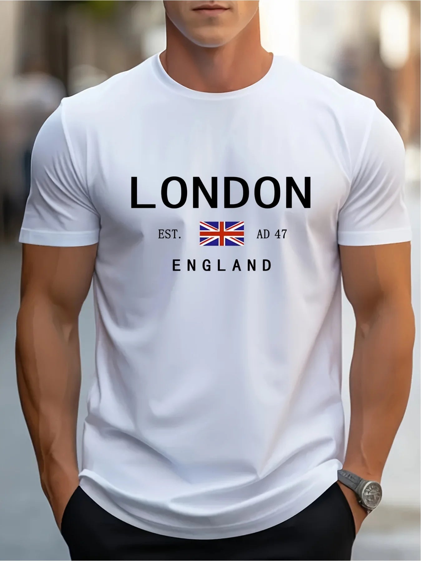 Summer men's 100% pure cotton casual loose plus size London England pattern printed round neck short sleeved T-shirt top