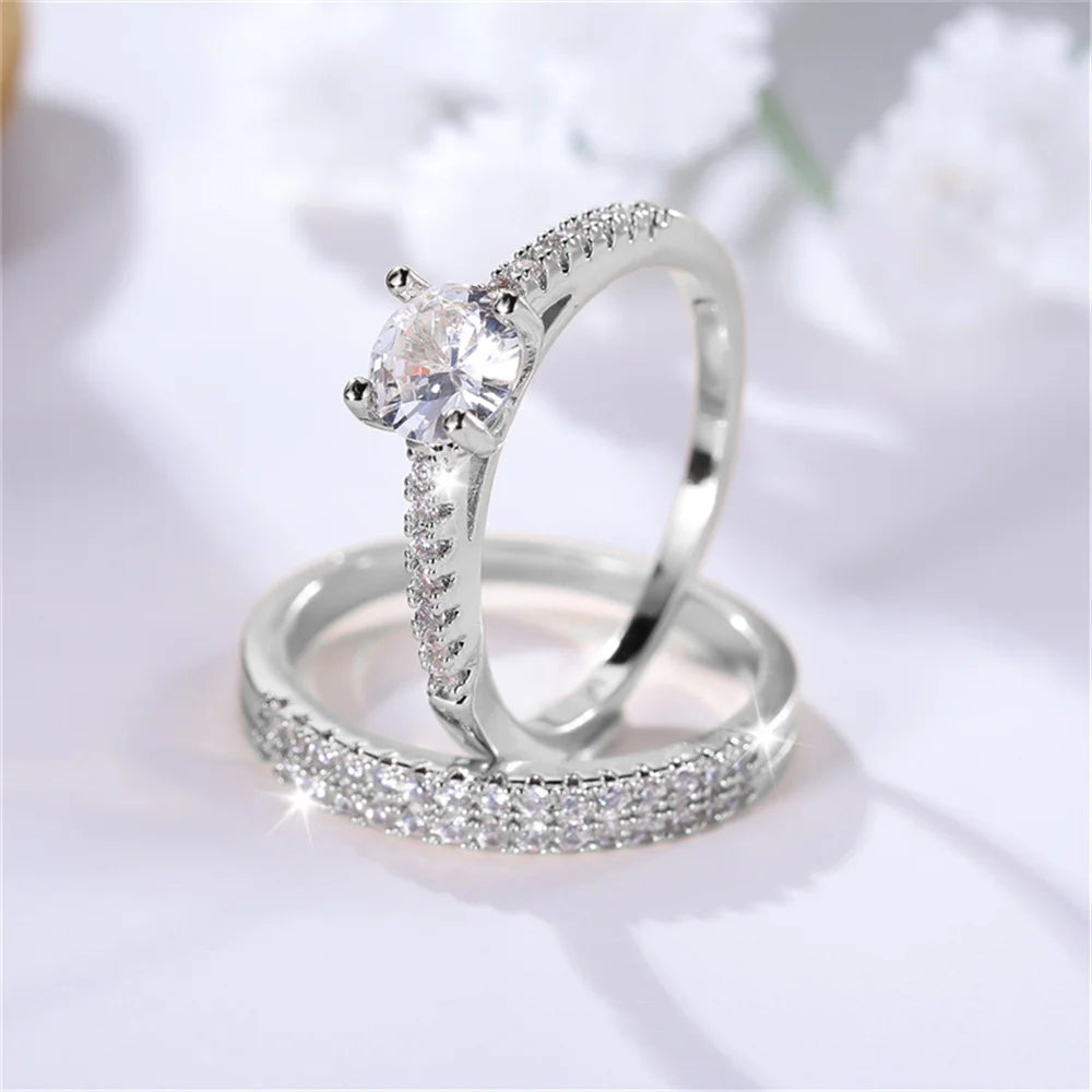 Luxury Female 2pcs Small Round White Zircon Stone Ring Set Promise Gold Color Wedding Engagement Jewelry For Women