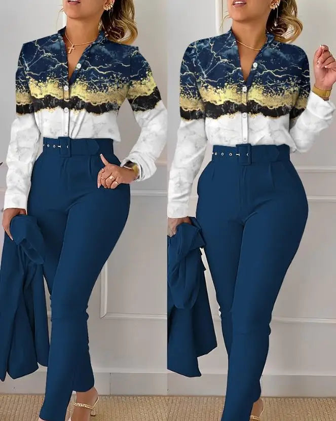 Women's Pant Set 2023 Summer Fashion Geometric Print Ruffle Sleeve Top and Pants Set with Belt Elegant Office Suit