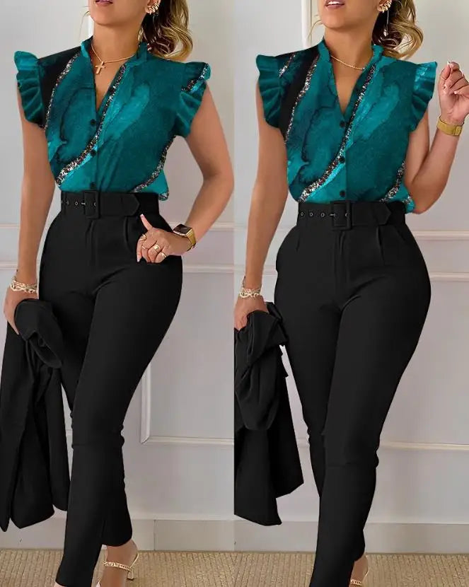 Women's Pant Set 2023 Summer Fashion Geometric Print Ruffle Sleeve Top and Pants Set with Belt Elegant Office Suit
