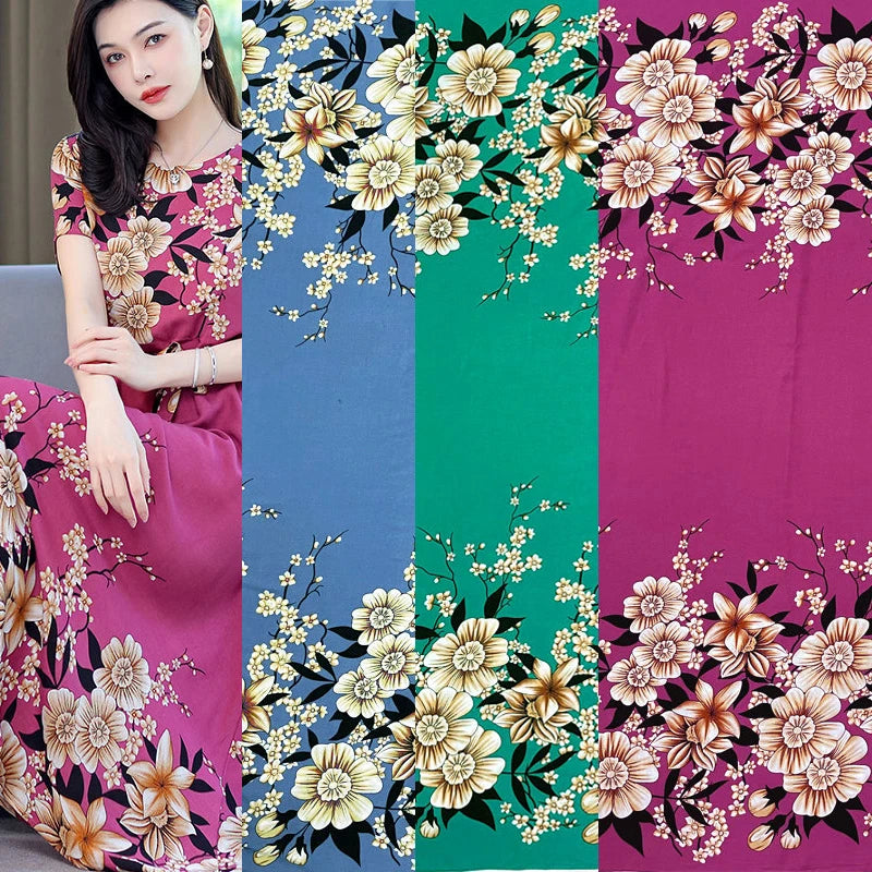 Summer Printed Rayon Fabric Soft Comfortable By The Meter for Women\'s Dress Shirts Diy Sewing Cloth Flowers Breathable Green