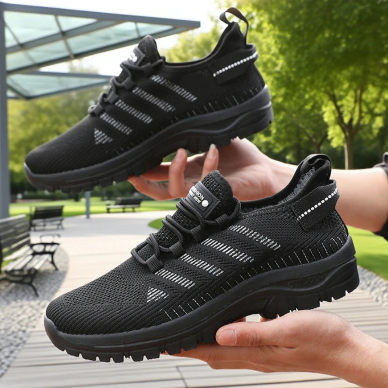 Men's Casual Mesh Shoe Breathable Knitted Comfortable Outdoor Flat Walking Shoes Trendy Striped Design Jogging Shoe Sneakers Men
