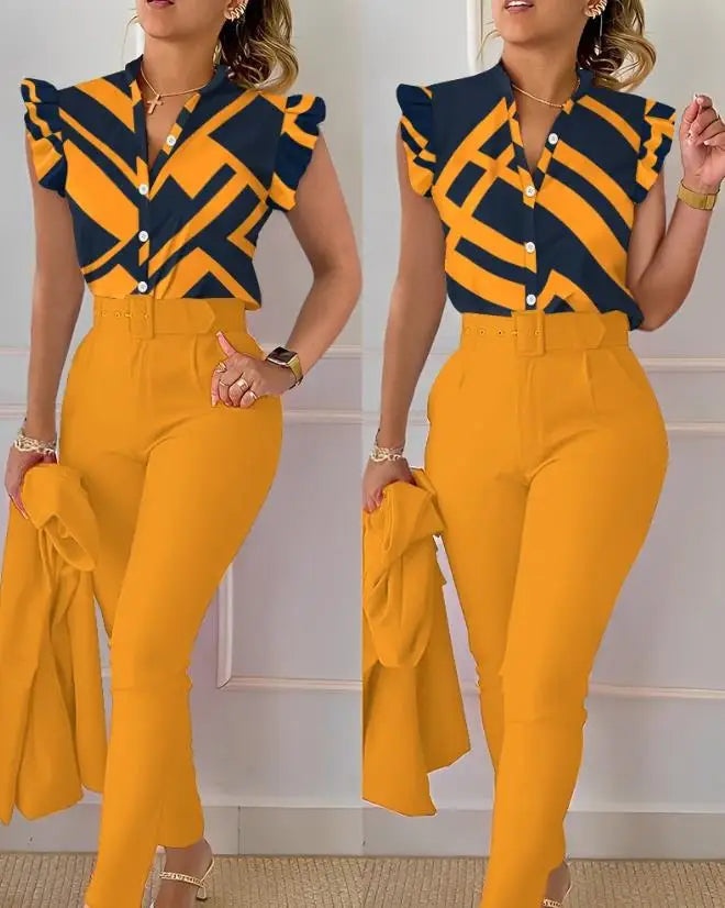 Women's Pant Set 2023 Summer Fashion Geometric Print Ruffle Sleeve Top and Pants Set with Belt Elegant Office Suit