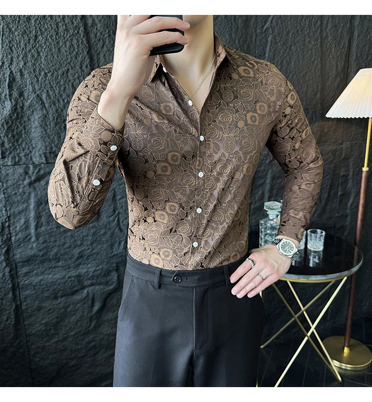 Camisas De Hombre Men Fashion Long Sleeve Jacquard Shirt High Quality Luxury Business Slimming Social Elegant Dress Casual Shirt