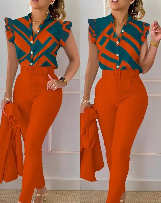 Women's Pant Set 2023 Summer Fashion Geometric Print Ruffle Sleeve Top and Pants Set with Belt Elegant Office Suit