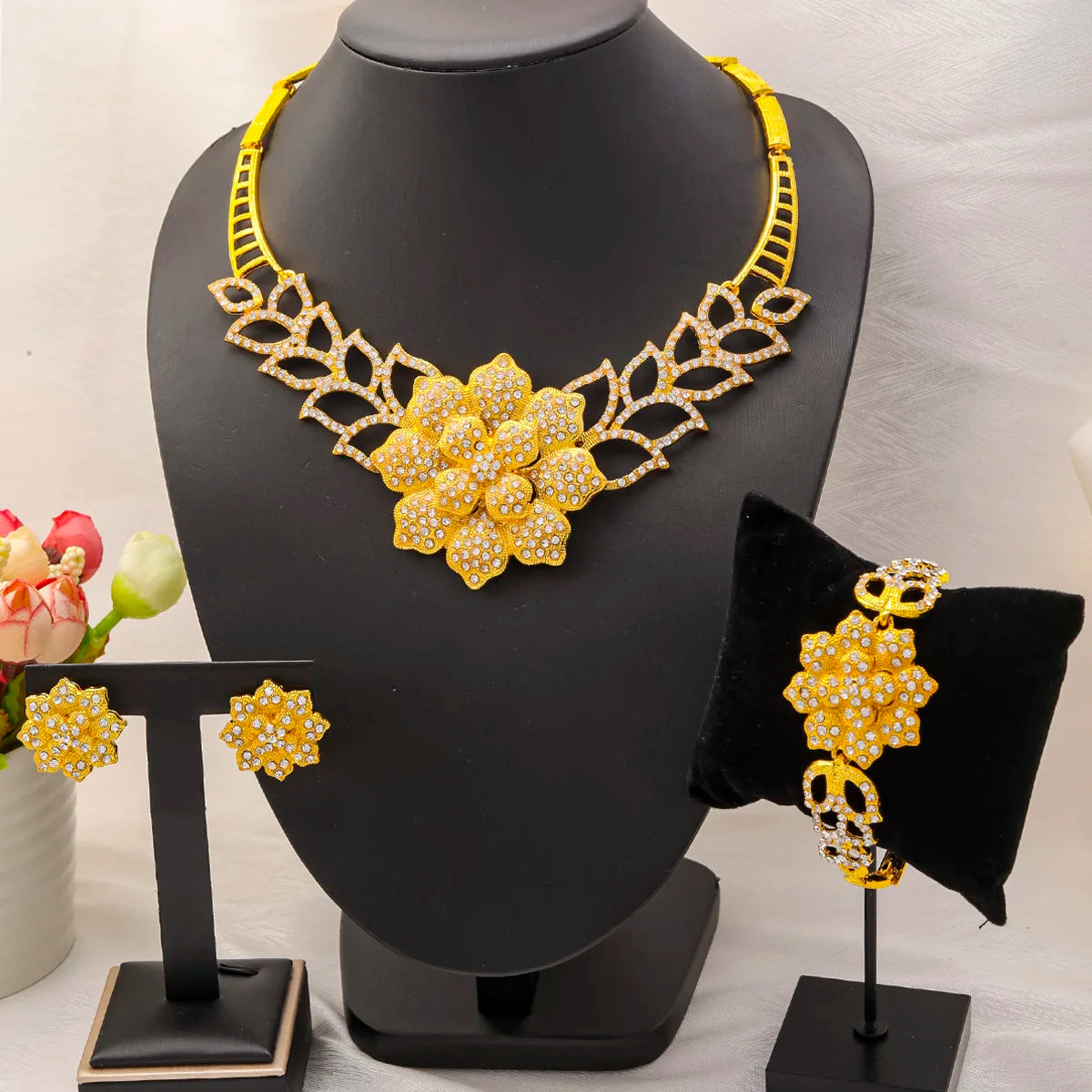 Liffly Dubai Jewelry Set for Women 24K Gold Plated Luxury Flower Necklace Earrings Bracelet Bridal Jewellery Wedding Party